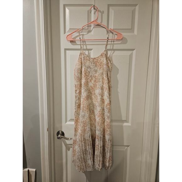 Abercrombie & Fitch Pleated Midi Dress Beige Abstract XS Sleeveless Lined NoBelt - Picture 7 of 7